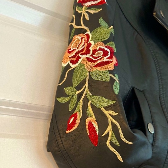 Black Leather Moto Jacket with Embroidery - Picture 2 of 8